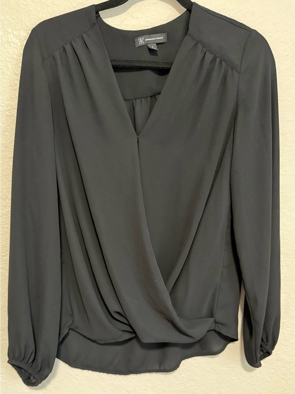 INC International Concepts Black Draped Surplice Blouse with Long Sleeves